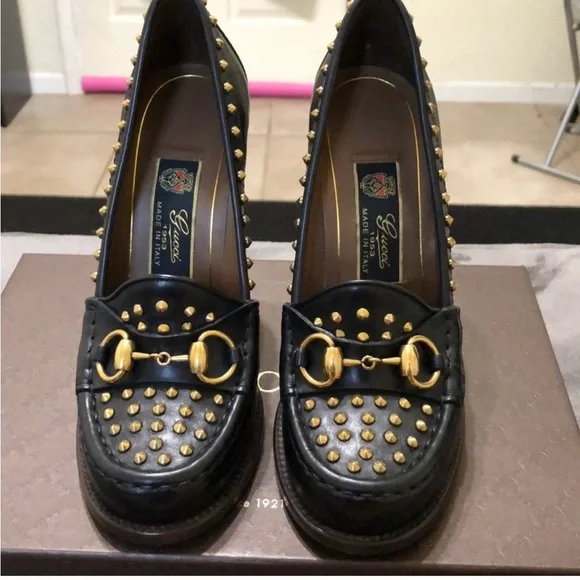 Gucci Black and Gold High Heels with Studded Embellishments